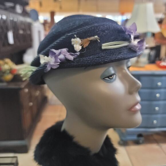 Vintage 40s The Rhodes Hat Navy Blue Straw Cloche Lilac Floral Wreath 50s main image 9